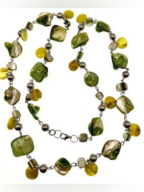 Vintage Green Tone Shell & Silver Tone Bead Necklace Pearlescent Long Statement